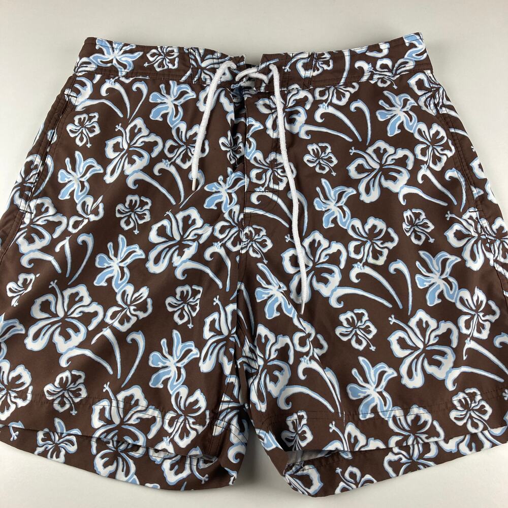 Brooks Brothers 346 Swim Trunks Mens L Brown Blue Hibiscus Floral